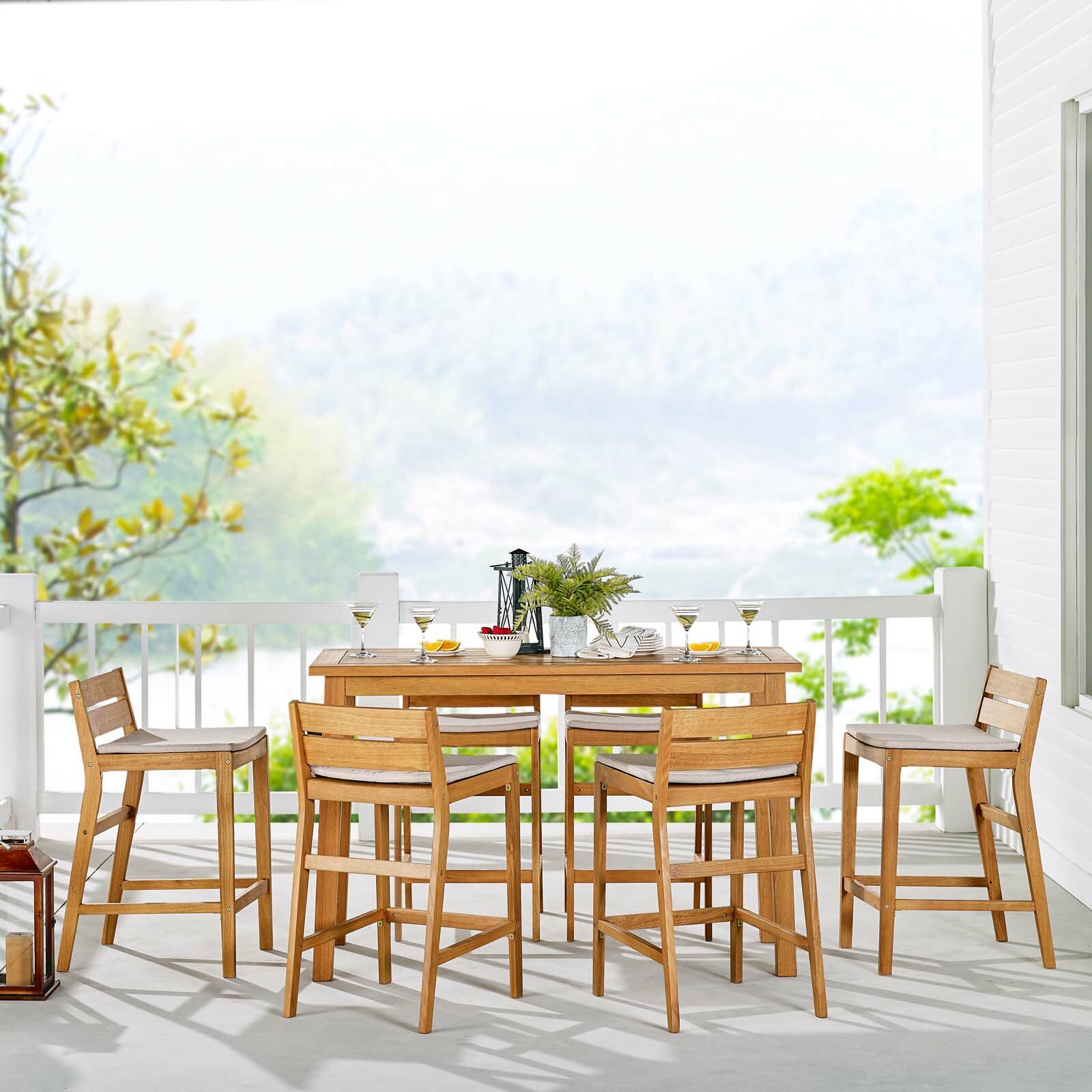 Modway Riverlake 7 Piece Outdoor Patio Ash Wood Bar Set In Natural Taupe Modway Riverlake 7 Piece Outdoor Patio Ash Wood Bar Set In Natural Taupe